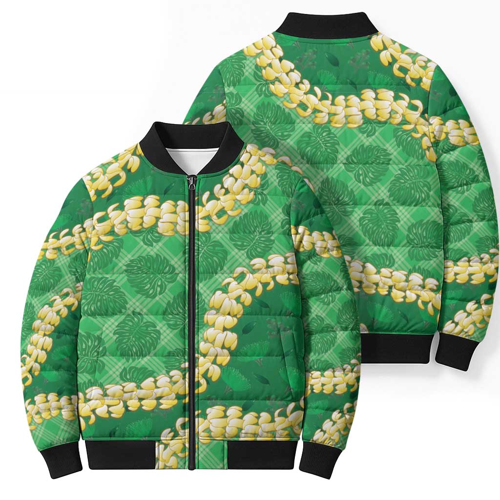 Green Palaka Hawaii Mele Kalikimaka Bomber Puffer Jacket Ohia Lehua Monstera Puakenikeni Lei LT14 - Polynesian Pride