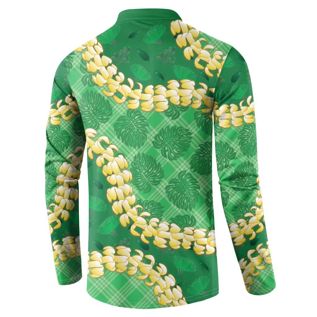 Green Palaka Hawaii Mele Kalikimaka Button Sweatshirt Ohia Lehua Monstera Puakenikeni Lei LT14 - Polynesian Pride