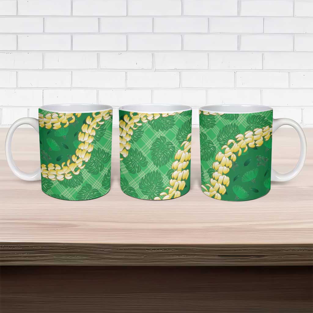 Green Palaka Hawaii Mele Kalikimaka Ceramic Mug Ohia Lehua Monstera Puakenikeni Lei LT14 - Polynesian Pride