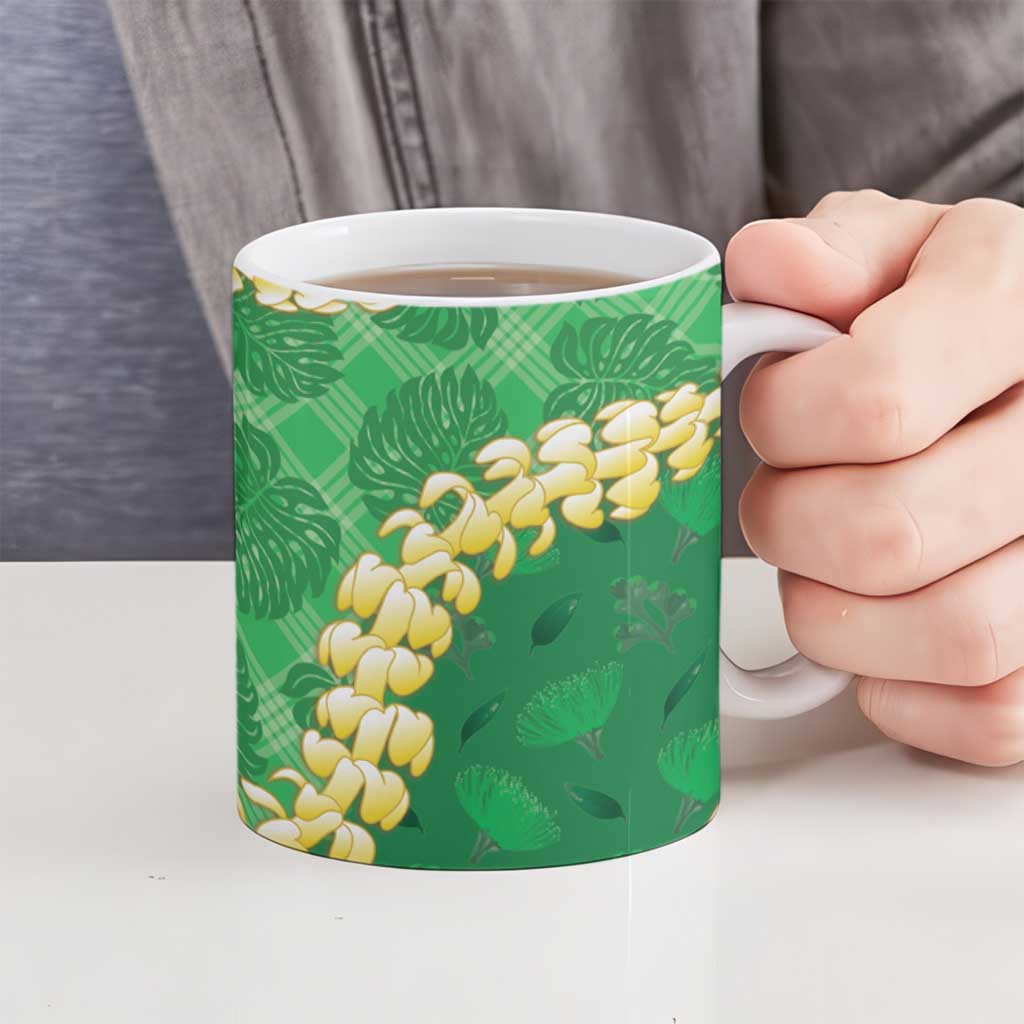 Green Palaka Hawaii Mele Kalikimaka Ceramic Mug Ohia Lehua Monstera Puakenikeni Lei LT14 - Polynesian Pride