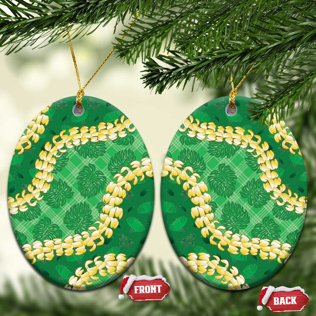 Green Palaka Hawaii Mele Kalikimaka Ceramic Ornament Ohia Lehua Monstera Puakenikeni Lei LT14 Oval Green - Polynesian Pride