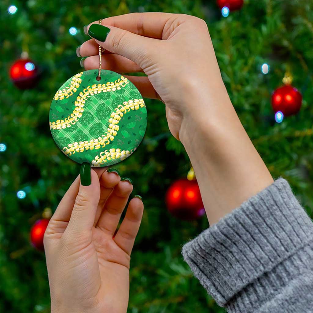 Green Palaka Hawaii Mele Kalikimaka Ceramic Ornament Ohia Lehua Monstera Puakenikeni Lei LT14 - Polynesian Pride