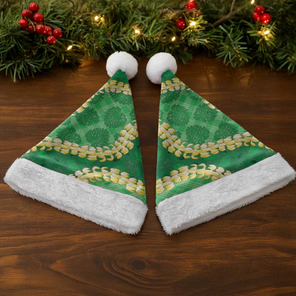 Green Palaka Hawaii Mele Kalikimaka Christmas Santa Hat Ohia Lehua Monstera Puakenikeni Lei LT14 - Polynesian Pride