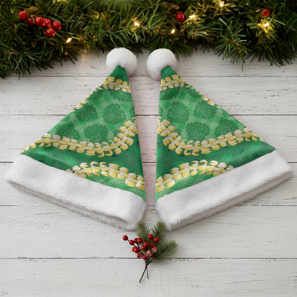 Green Palaka Hawaii Mele Kalikimaka Christmas Santa Hat Ohia Lehua Monstera Puakenikeni Lei LT14 - Polynesian Pride