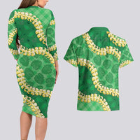 Green Palaka Hawaii Mele Kalikimaka Couples Matching Long Sleeve Bodycon Dress and Hawaiian Shirt Ohia Lehua Monstera Puakenikeni Lei LT14 - Polynesian Pride