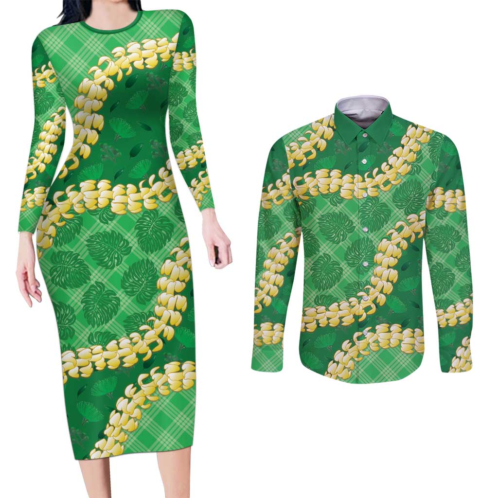 Green Palaka Hawaii Mele Kalikimaka Couples Matching Long Sleeve Bodycon Dress and Long Sleeve Button Shirt Ohia Lehua Monstera Puakenikeni Lei LT14 Green - Polynesian Pride
