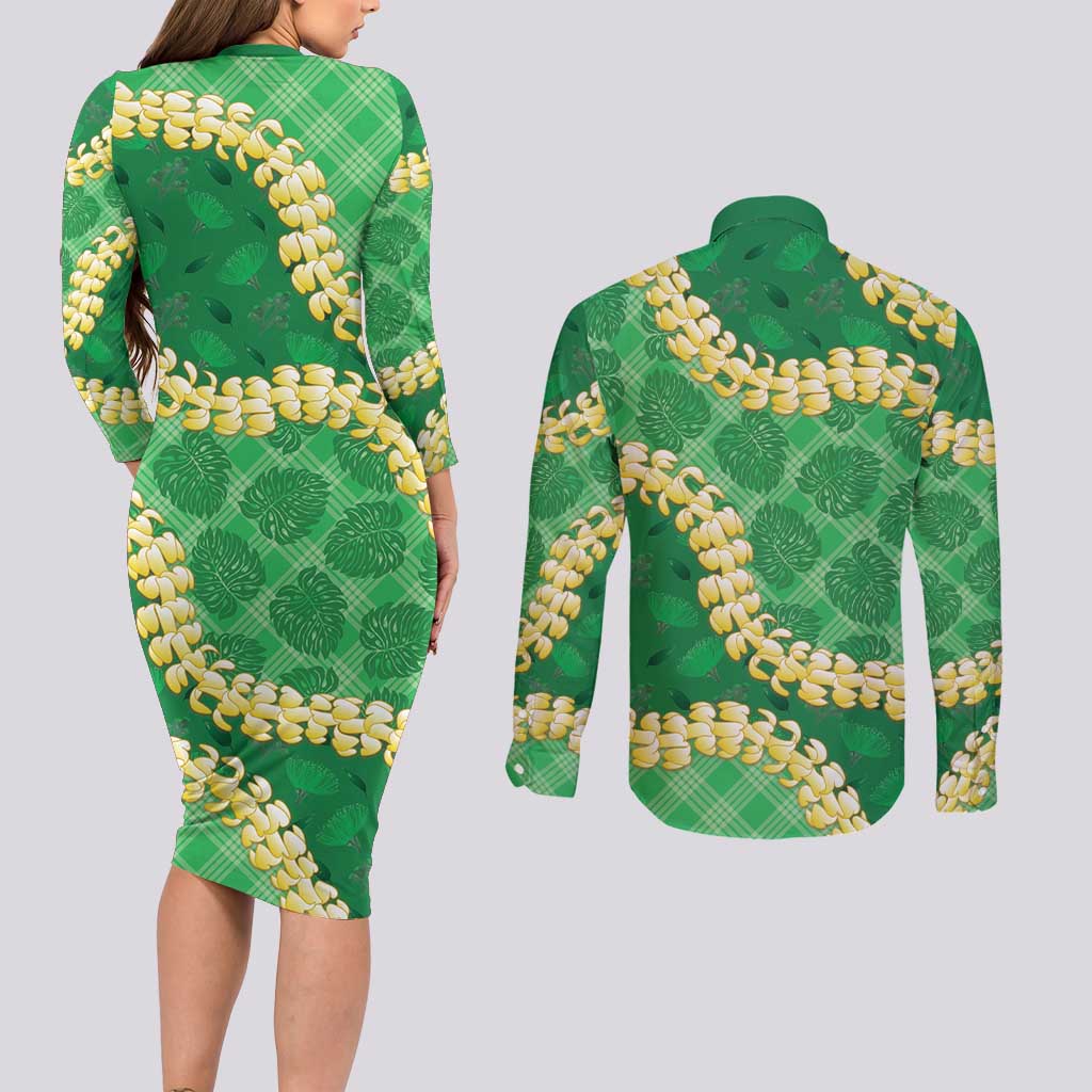 Green Palaka Hawaii Mele Kalikimaka Couples Matching Long Sleeve Bodycon Dress and Long Sleeve Button Shirt Ohia Lehua Monstera Puakenikeni Lei LT14 - Polynesian Pride