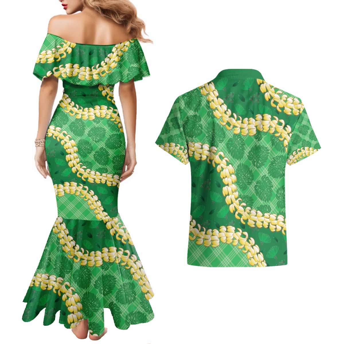 Green Palaka Hawaii Mele Kalikimaka Couples Matching Mermaid Dress and Hawaiian Shirt Ohia Lehua Monstera Puakenikeni Lei LT14 - Polynesian Pride