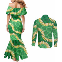 Green Palaka Hawaii Mele Kalikimaka Couples Matching Mermaid Dress and Long Sleeve Button Shirt Ohia Lehua Monstera Puakenikeni Lei LT14 - Polynesian Pride