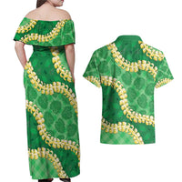 Green Palaka Hawaii Mele Kalikimaka Couples Matching Off Shoulder Maxi Dress and Hawaiian Shirt Ohia Lehua Monstera Puakenikeni Lei LT14 - Polynesian Pride