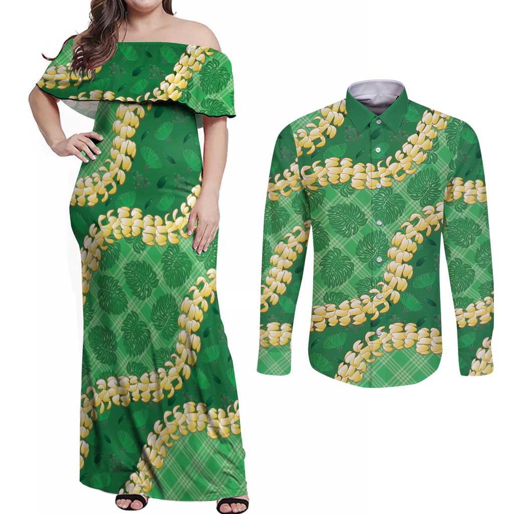 Green Palaka Hawaii Mele Kalikimaka Couples Matching Off Shoulder Maxi Dress and Long Sleeve Button Shirt Ohia Lehua Monstera Puakenikeni Lei LT14 Green - Polynesian Pride