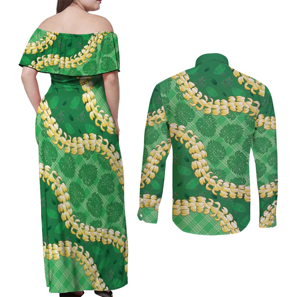 Green Palaka Hawaii Mele Kalikimaka Couples Matching Off Shoulder Maxi Dress and Long Sleeve Button Shirt Ohia Lehua Monstera Puakenikeni Lei LT14 - Polynesian Pride