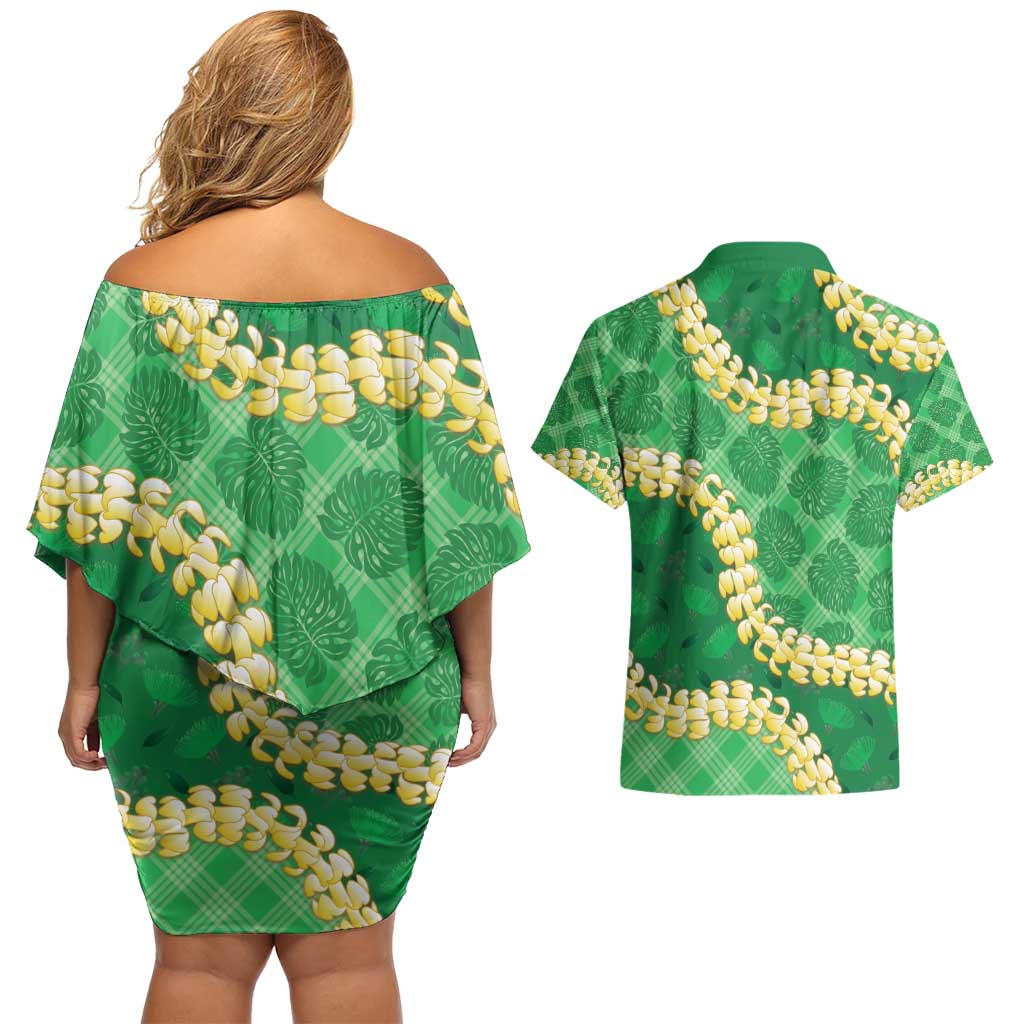 Green Palaka Hawaii Mele Kalikimaka Couples Matching Off Shoulder Short Dress and Hawaiian Shirt Ohia Lehua Monstera Puakenikeni Lei LT14 - Polynesian Pride