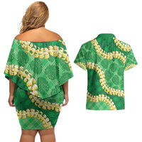 Green Palaka Hawaii Mele Kalikimaka Couples Matching Off Shoulder Short Dress and Hawaiian Shirt Ohia Lehua Monstera Puakenikeni Lei LT14 - Polynesian Pride
