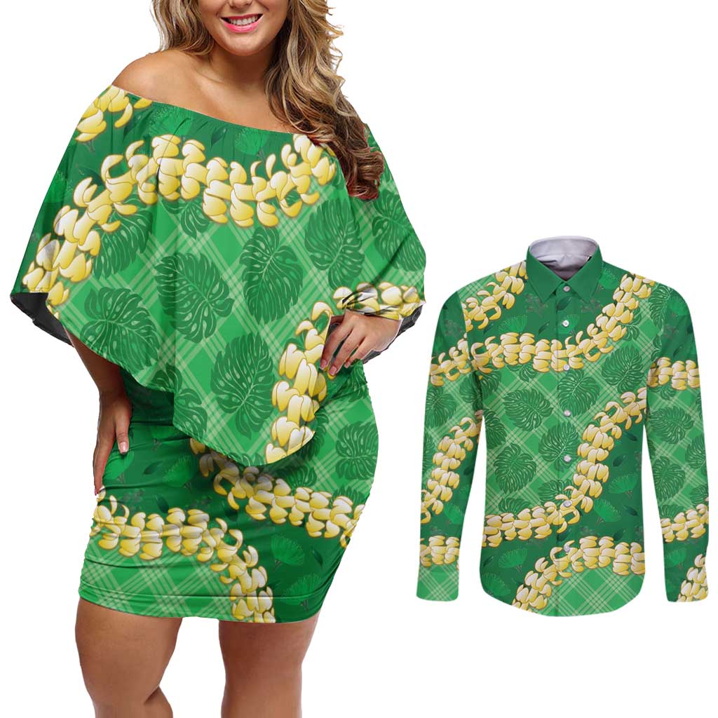 Green Palaka Hawaii Mele Kalikimaka Couples Matching Off Shoulder Short Dress and Long Sleeve Button Shirt Ohia Lehua Monstera Puakenikeni Lei LT14 Green - Polynesian Pride