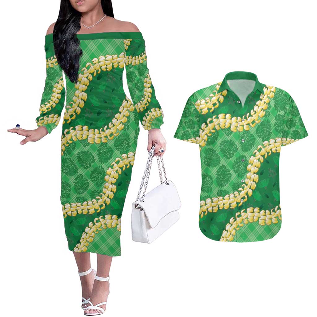 Green Palaka Hawaii Mele Kalikimaka Couples Matching Off The Shoulder Long Sleeve Dress and Hawaiian Shirt Ohia Lehua Monstera Puakenikeni Lei LT14 Green - Polynesian Pride