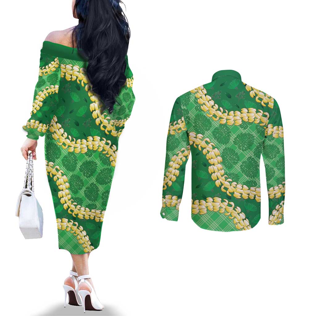 Green Palaka Hawaii Mele Kalikimaka Couples Matching Off The Shoulder Long Sleeve Dress and Long Sleeve Button Shirt Ohia Lehua Monstera Puakenikeni Lei LT14 - Polynesian Pride