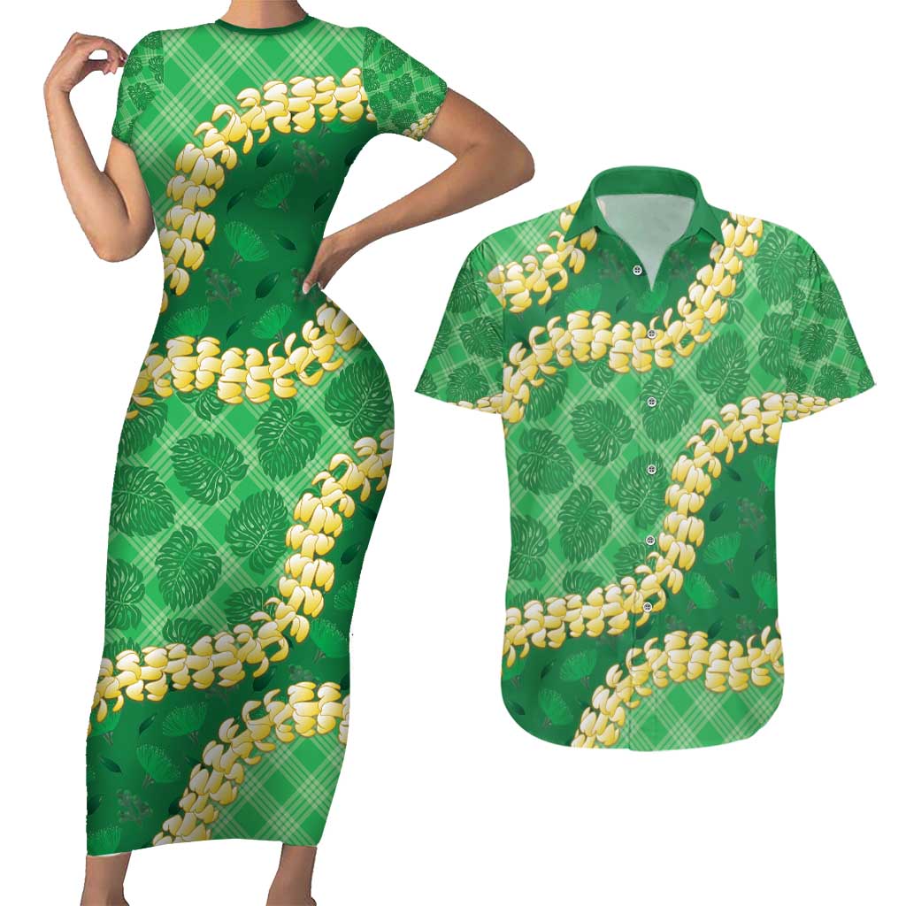 Green Palaka Hawaii Mele Kalikimaka Couples Matching Short Sleeve Bodycon Dress and Hawaiian Shirt Ohia Lehua Monstera Puakenikeni Lei LT14 Green - Polynesian Pride