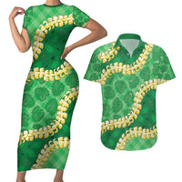Green Palaka Hawaii Mele Kalikimaka Couples Matching Short Sleeve Bodycon Dress and Hawaiian Shirt Ohia Lehua Monstera Puakenikeni Lei LT14 Green - Polynesian Pride