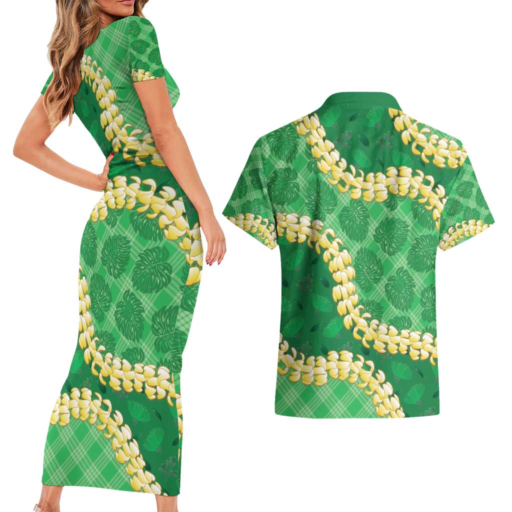 Green Palaka Hawaii Mele Kalikimaka Couples Matching Short Sleeve Bodycon Dress and Hawaiian Shirt Ohia Lehua Monstera Puakenikeni Lei LT14 - Polynesian Pride