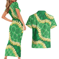 Green Palaka Hawaii Mele Kalikimaka Couples Matching Short Sleeve Bodycon Dress and Hawaiian Shirt Ohia Lehua Monstera Puakenikeni Lei LT14 - Polynesian Pride