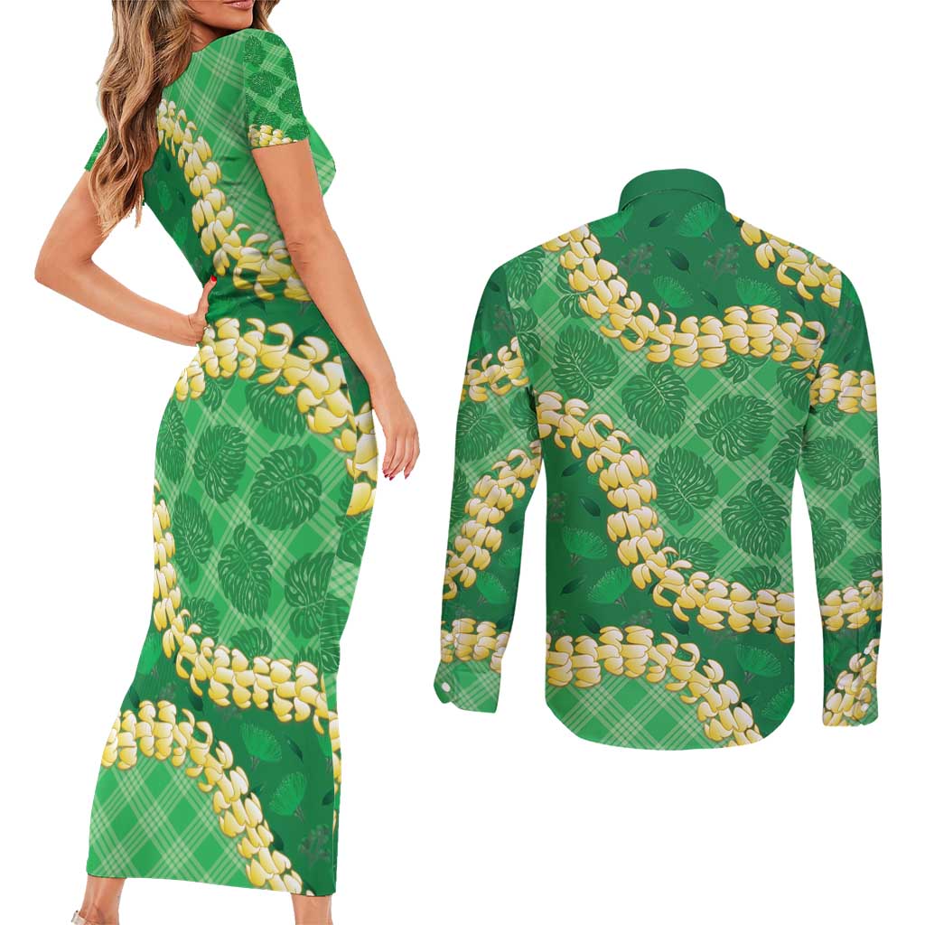 Green Palaka Hawaii Mele Kalikimaka Couples Matching Short Sleeve Bodycon Dress and Long Sleeve Button Shirt Ohia Lehua Monstera Puakenikeni Lei LT14 - Polynesian Pride