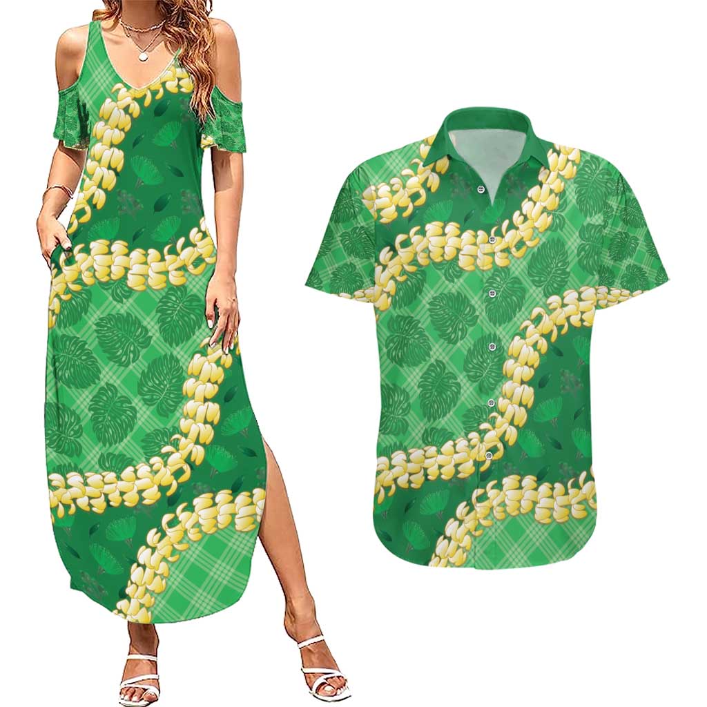 Green Palaka Hawaii Mele Kalikimaka Couples Matching Summer Maxi Dress and Hawaiian Shirt Ohia Lehua Monstera Puakenikeni Lei LT14 Green - Polynesian Pride
