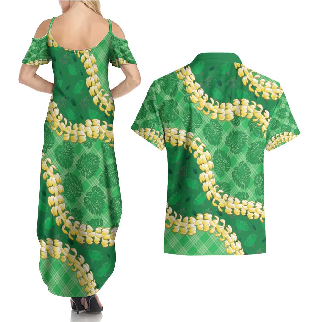 Green Palaka Hawaii Mele Kalikimaka Couples Matching Summer Maxi Dress and Hawaiian Shirt Ohia Lehua Monstera Puakenikeni Lei LT14 - Polynesian Pride