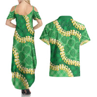 Green Palaka Hawaii Mele Kalikimaka Couples Matching Summer Maxi Dress and Hawaiian Shirt Ohia Lehua Monstera Puakenikeni Lei LT14 - Polynesian Pride