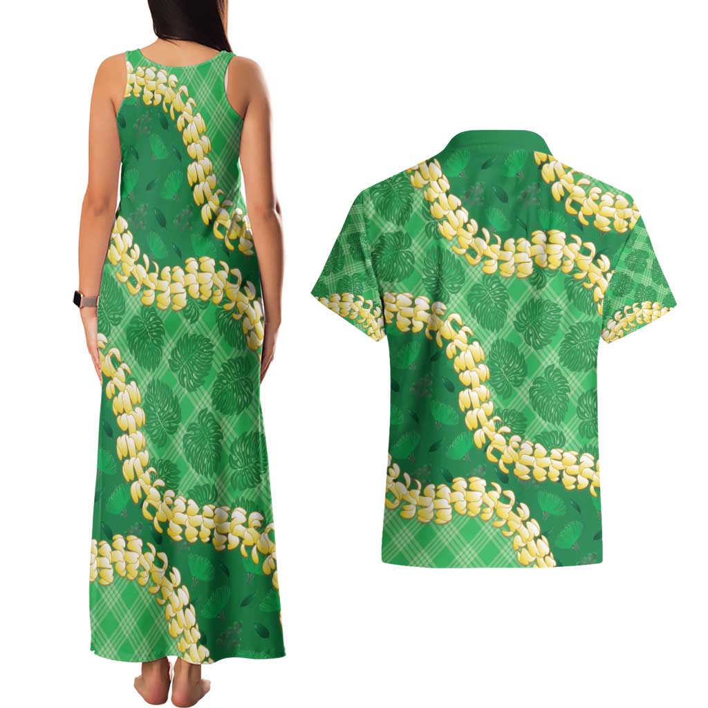 Green Palaka Hawaii Mele Kalikimaka Couples Matching Tank Maxi Dress and Hawaiian Shirt Ohia Lehua Monstera Puakenikeni Lei LT14 - Polynesian Pride