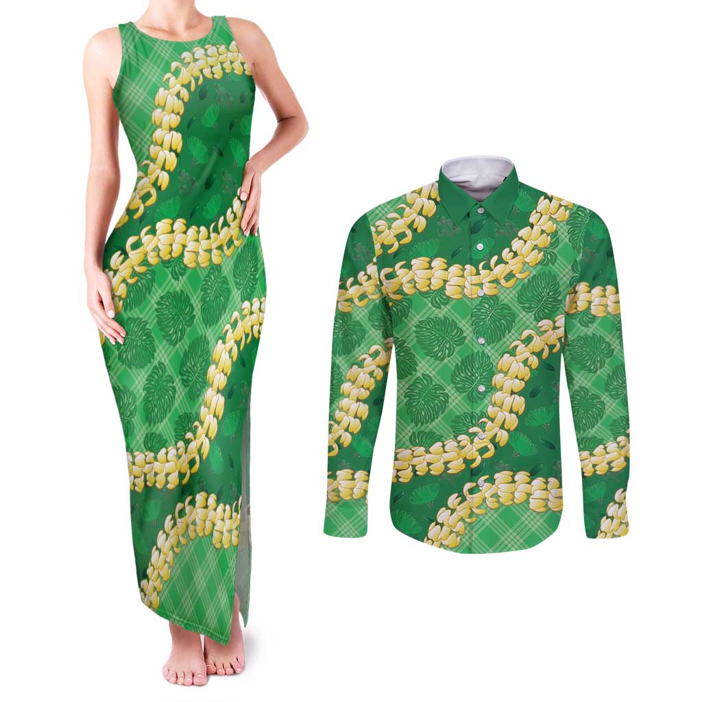 Green Palaka Hawaii Mele Kalikimaka Couples Matching Tank Maxi Dress and Long Sleeve Button Shirt Ohia Lehua Monstera Puakenikeni Lei LT14 Green - Polynesian Pride