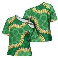 Green Palaka Hawaii Mele Kalikimaka Cross Shoulder Shirt Ohia Lehua Monstera Puakenikeni Lei LT14 - Polynesian Pride