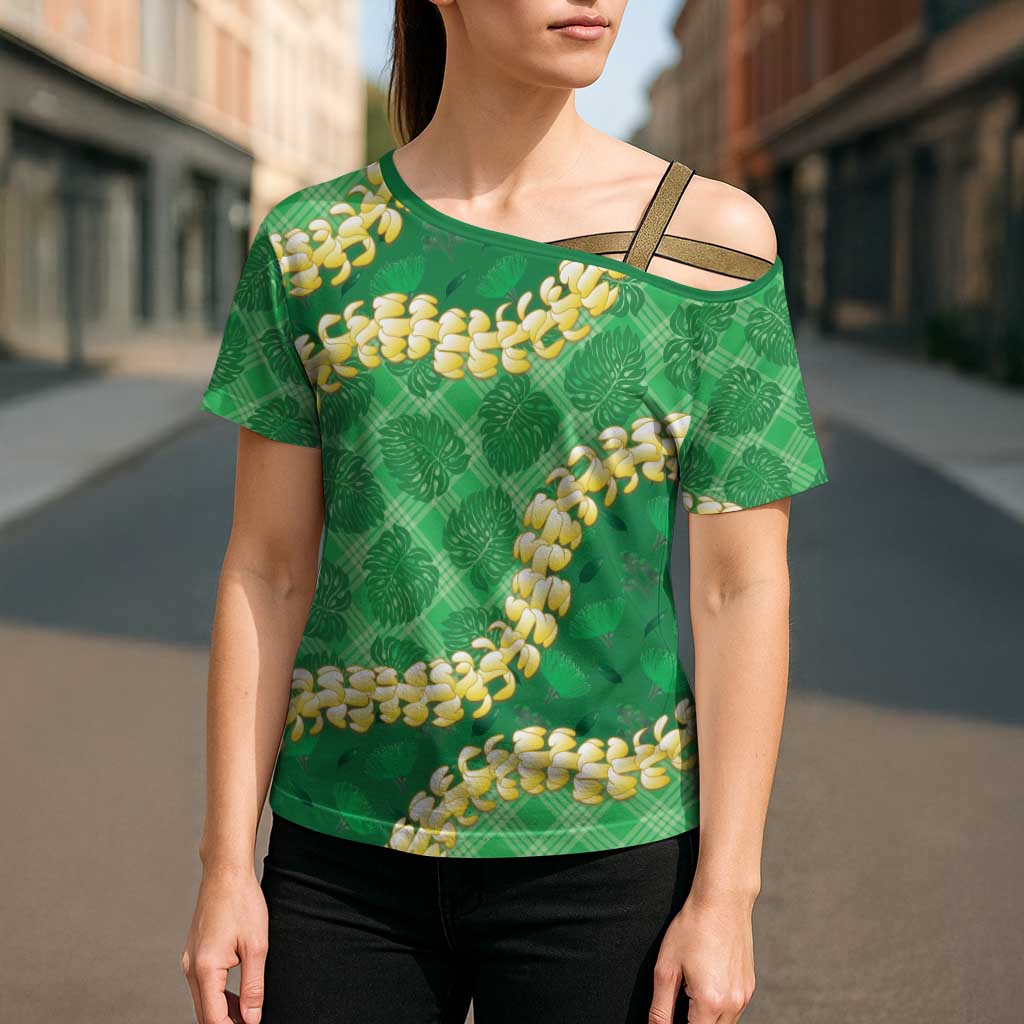 Green Palaka Hawaii Mele Kalikimaka Cross Shoulder Shirt Ohia Lehua Monstera Puakenikeni Lei LT14 - Polynesian Pride