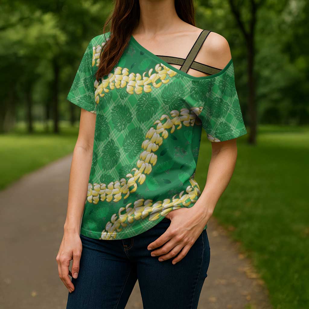 Green Palaka Hawaii Mele Kalikimaka Cross Shoulder Shirt Ohia Lehua Monstera Puakenikeni Lei LT14 - Polynesian Pride