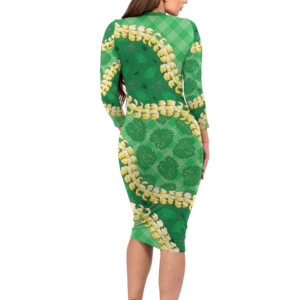 Green Palaka Hawaii Mele Kalikimaka Family Matching Long Sleeve Bodycon Dress and Hawaiian Shirt Ohia Lehua Monstera Puakenikeni Lei LT14 - Polynesian Pride