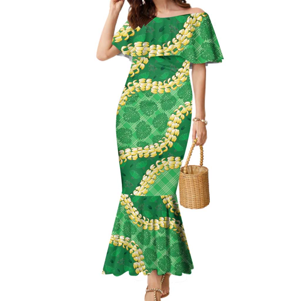 Green Palaka Hawaii Mele Kalikimaka Family Matching Mermaid Dress and Hawaiian Shirt Ohia Lehua Monstera Puakenikeni Lei LT14 Mom's Dress Green - Polynesian Pride
