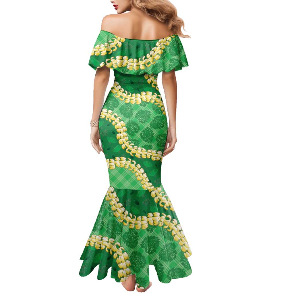 Green Palaka Hawaii Mele Kalikimaka Family Matching Mermaid Dress and Hawaiian Shirt Ohia Lehua Monstera Puakenikeni Lei LT14 - Polynesian Pride