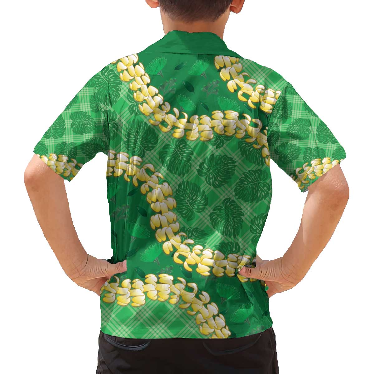 Green Palaka Hawaii Mele Kalikimaka Family Matching Off The Shoulder Long Sleeve Dress and Hawaiian Shirt Ohia Lehua Monstera Puakenikeni Lei LT14 - Polynesian Pride