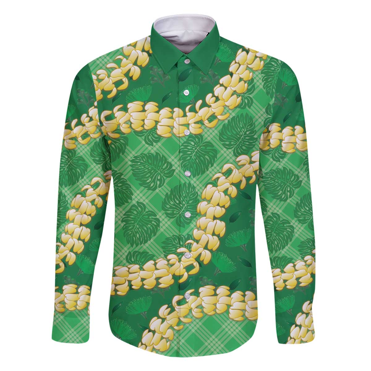 Green Palaka Hawaii Mele Kalikimaka Family Matching Off The Shoulder Long Sleeve Dress and Hawaiian Shirt Ohia Lehua Monstera Puakenikeni Lei LT14 Dad's Shirt - Long Sleeve Green - Polynesian Pride
