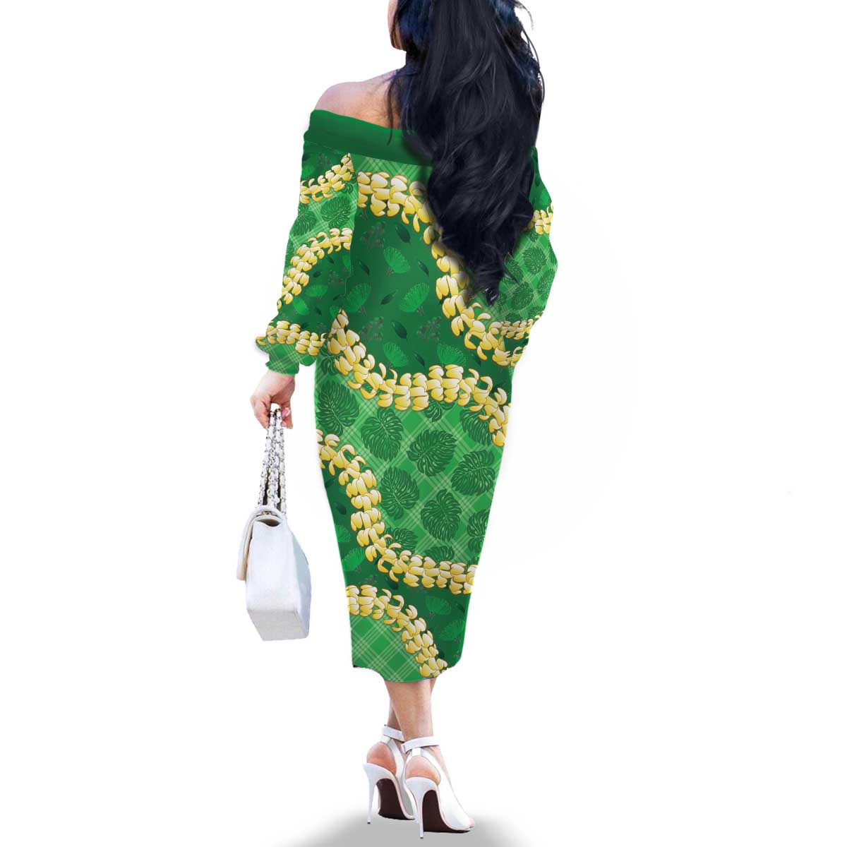Green Palaka Hawaii Mele Kalikimaka Family Matching Off The Shoulder Long Sleeve Dress and Hawaiian Shirt Ohia Lehua Monstera Puakenikeni Lei LT14 - Polynesian Pride