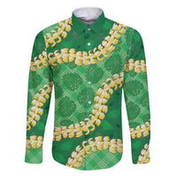 Green Palaka Hawaii Mele Kalikimaka Family Matching Off Shoulder Maxi Dress and Hawaiian Shirt Ohia Lehua Monstera Puakenikeni Lei LT14 Dad's Shirt - Long Sleeve Green - Polynesian Pride
