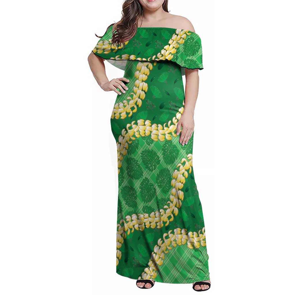 Green Palaka Hawaii Mele Kalikimaka Family Matching Off Shoulder Maxi Dress and Hawaiian Shirt Ohia Lehua Monstera Puakenikeni Lei LT14 Mom's Dress Green - Polynesian Pride
