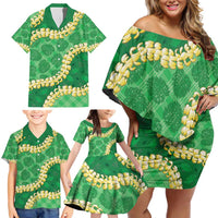 Green Palaka Hawaii Mele Kalikimaka Family Matching Off Shoulder Short Dress and Hawaiian Shirt Ohia Lehua Monstera Puakenikeni Lei LT14 - Polynesian Pride