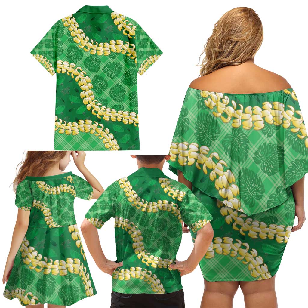 Green Palaka Hawaii Mele Kalikimaka Family Matching Off Shoulder Short Dress and Hawaiian Shirt Ohia Lehua Monstera Puakenikeni Lei LT14 - Polynesian Pride