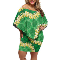 Green Palaka Hawaii Mele Kalikimaka Family Matching Off Shoulder Short Dress and Hawaiian Shirt Ohia Lehua Monstera Puakenikeni Lei LT14 Mom's Dress Green - Polynesian Pride