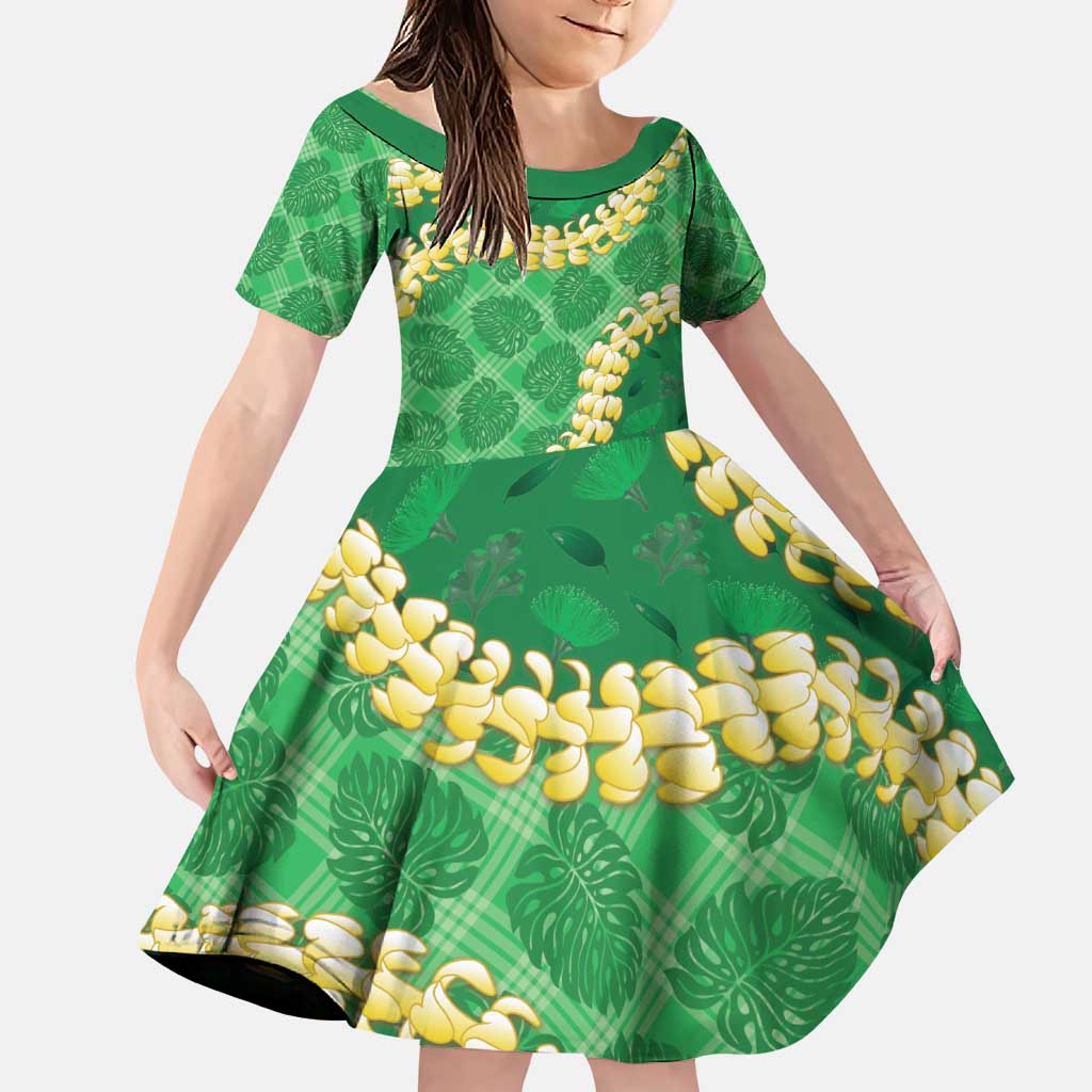 Green Palaka Hawaii Mele Kalikimaka Family Matching Puletasi and Hawaiian Shirt Ohia Lehua Monstera Puakenikeni Lei LT14 Daughter's Dress Green - Polynesian Pride