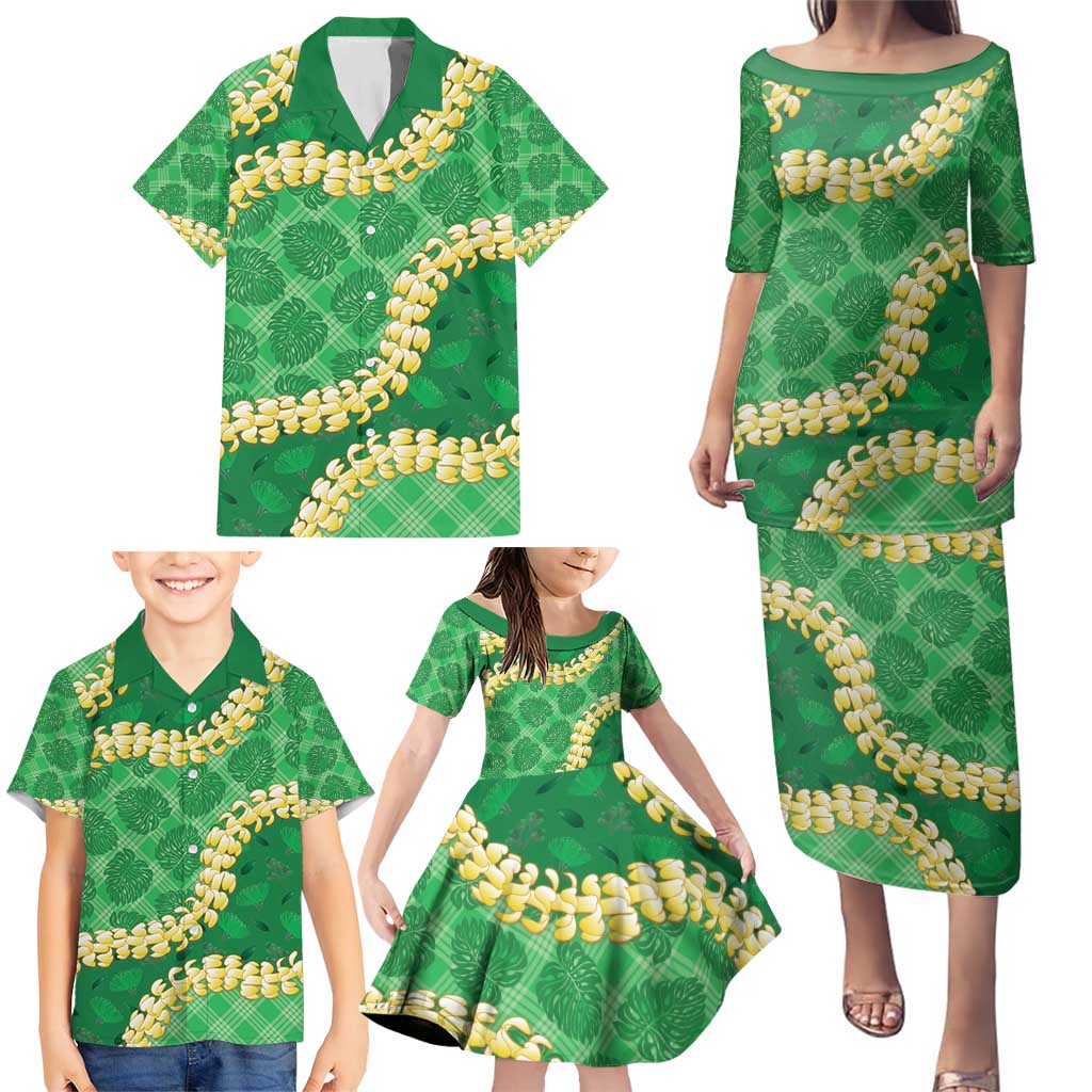 Green Palaka Hawaii Mele Kalikimaka Family Matching Puletasi and Hawaiian Shirt Ohia Lehua Monstera Puakenikeni Lei LT14 - Polynesian Pride