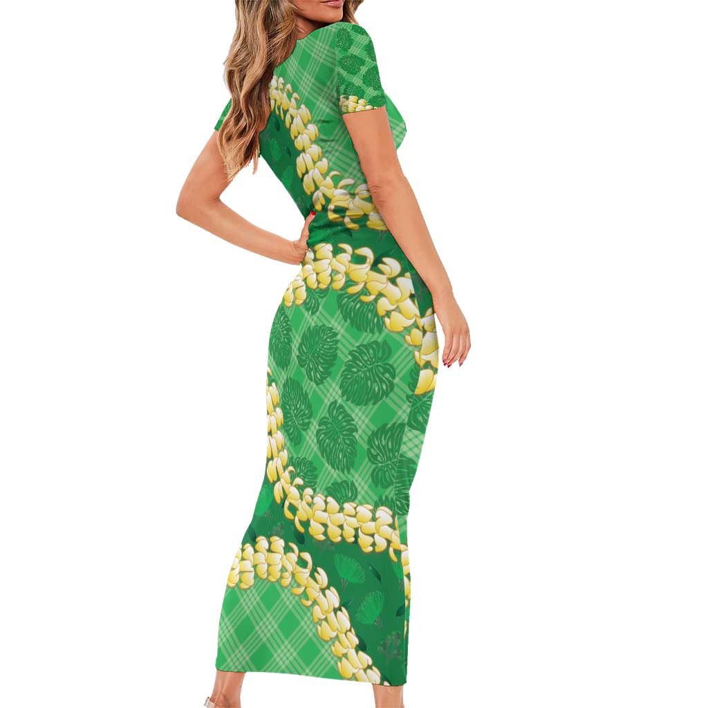 Green Palaka Hawaii Mele Kalikimaka Family Matching Short Sleeve Bodycon Dress and Hawaiian Shirt Ohia Lehua Monstera Puakenikeni Lei LT14 - Polynesian Pride