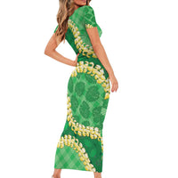Green Palaka Hawaii Mele Kalikimaka Family Matching Short Sleeve Bodycon Dress and Hawaiian Shirt Ohia Lehua Monstera Puakenikeni Lei LT14 - Polynesian Pride