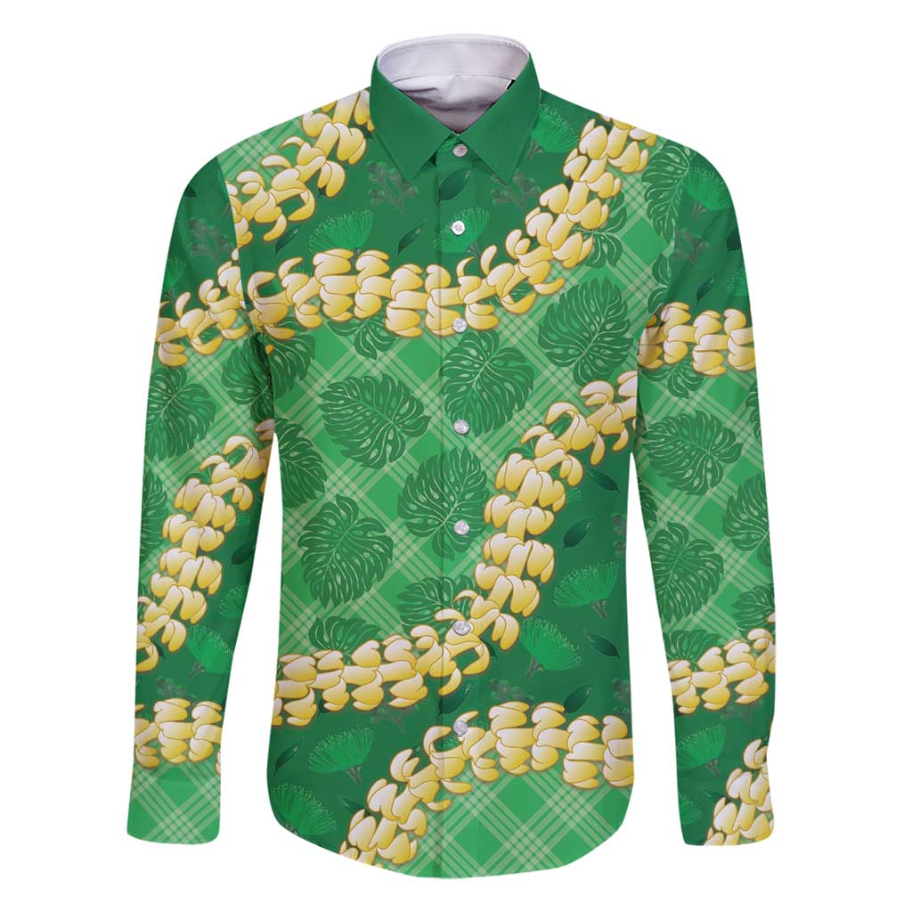 Green Palaka Hawaii Mele Kalikimaka Family Matching Tank Maxi Dress and Hawaiian Shirt Ohia Lehua Monstera Puakenikeni Lei LT14 Dad's Shirt - Long Sleeve Green - Polynesian Pride